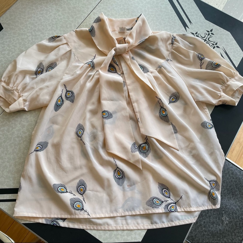 Vintage Peacock Feather Tie-front Blouse